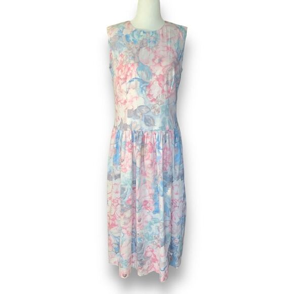 Vintage 80s Dress Pastel Pink White Blue Pattern Granny Floral Printed Flowy 8 - Picture 1 of 9